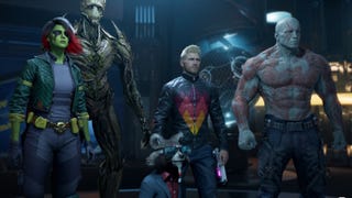 The gang posing in a Marvel’s Guardians of the Galaxy screenshot.