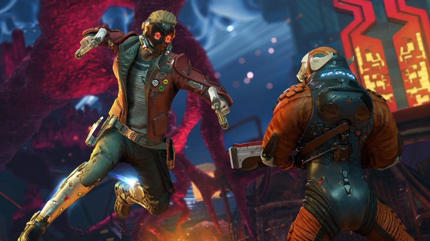 Star-Lord boosting towards one of Raker’s thugs with his blasters about to smack the alien in the face