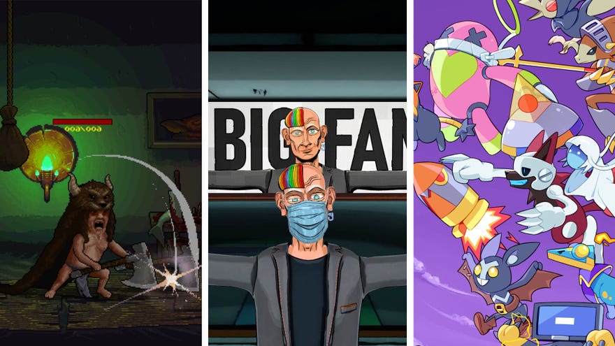 An image divided into thirds, the first on the left showing a short man smashing an axe down (from Greedventory), the middle showing a smug CEO (from The Last Worker) and the last on the right showing a group of animal characters from Cassette Beasts