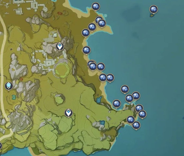 A map showing all Starconch locations near Liyue&rsquo;s Guili Plains area