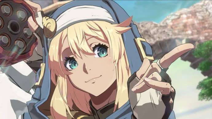 A cutscene close up of the character Bridget from Guilty Gear Strive
