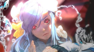 Art of Dizzy from Guilty Gear Strive, she has a scary look in her eyes, her head tilted to the side, a strong light hitting her hair.