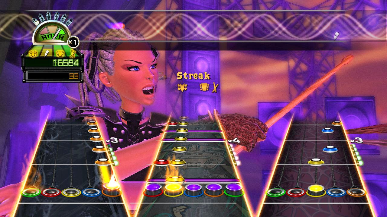 A screenshot of Guitar Hero showing notes approaching on a line of frets, while a rock musician shouts in the background.