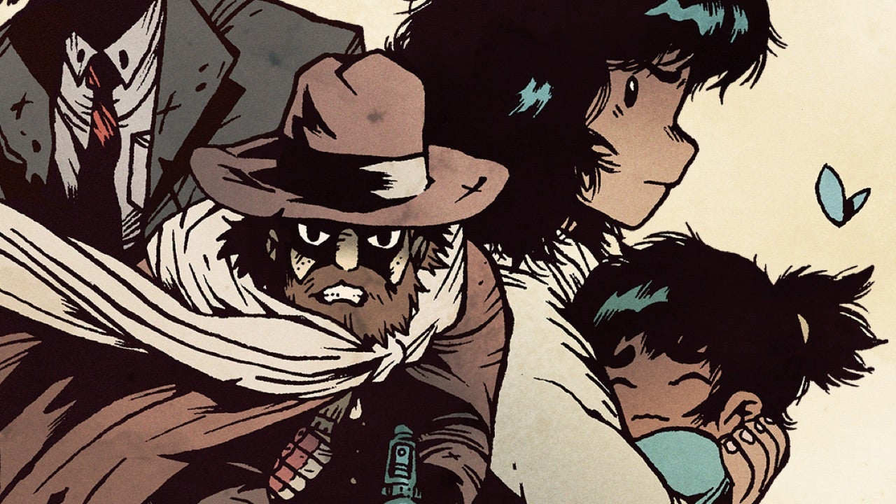 Promo art for Gunbrella showing a cartoon illustration of its grizzled woodsman hero - sporting a wide-brimmed hat, flowing white scarf, and chaotic beard - angrily glaring at the screen, while a woman holds a young child close to her chest behind him.