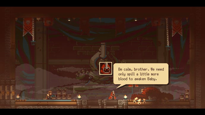 A 2D pixel art screenshot of Gunbrella showing an evil cultist in a cavern talking to an fleshy monster.