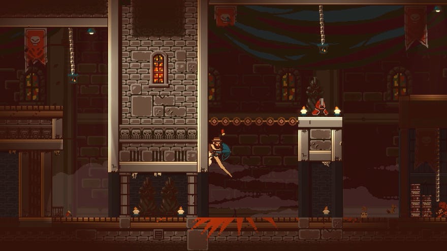 Gunbrella's player character prepares to wall jump in a castle-like level