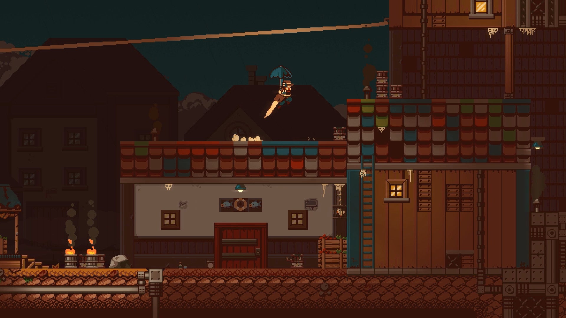 A 2D pixel art screenshot of Gunbrella showing a man leaping over rooftops holding an umbrella over his head. There's a zipline above him. - 20