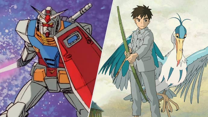 On the left, a Gundam holding a laser sword and shield in Mobile Suit Gundam. On the right, a poster for The Boy and the Heron showing the titular characters stood next to each other.