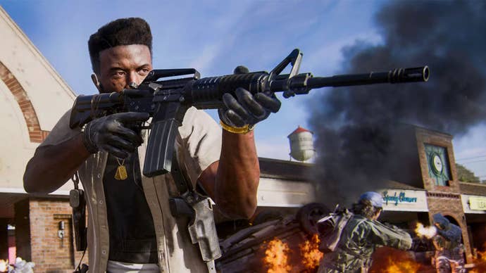 Marshall, an operator in Call of Duty: Black Ops 6, aims an XM4 Assault Rifle.