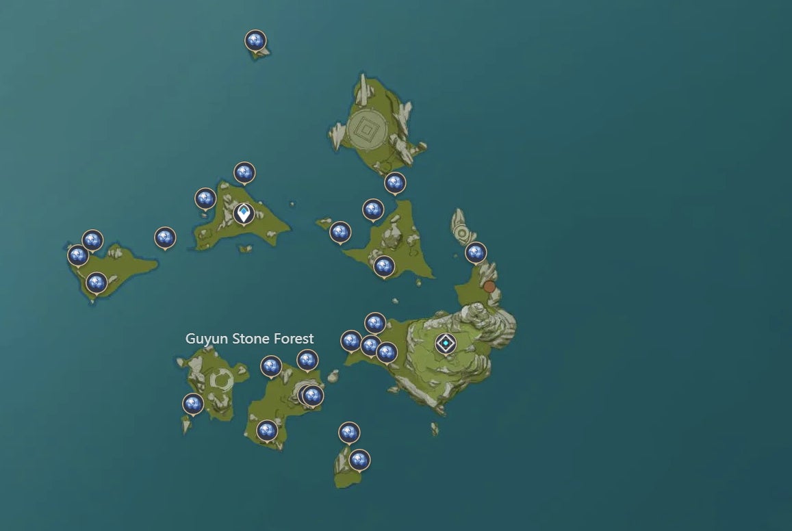 A map showing all Starconch locations in Liyue&rsquo;s Guyun Stone Forest area