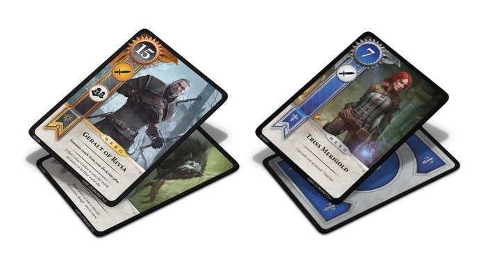 Image of two Gwent cards featuring Geralt and Triss