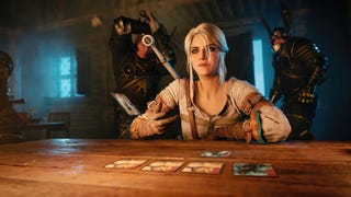 Promotional artwork for Gwent: The Witcher Card Game showing Ciri sat in a tavern with a game of Gwent spread out on the table before her.