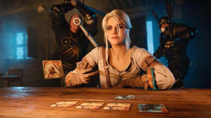 Ciri playing Gwent in The Witcher 3, two people behind her preparing to attack her.