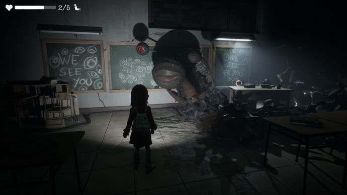 Sally examining a strange eye stalk goo monster blocking the corner of a classroom in Gylt