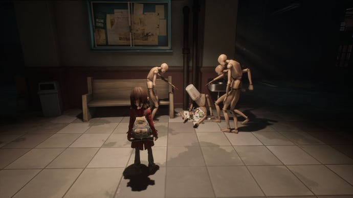 Sally looking at a tableau of mannequins acting out a scene of school bullying in a corridor