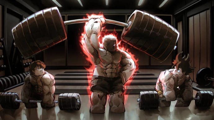 Artwork for the Roblox game Gym League, showing a Robloxified, muscular character holding a barbell above their head.