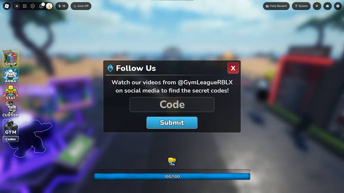 A screenshot from Gym League in Roblox showing the game's codes page.