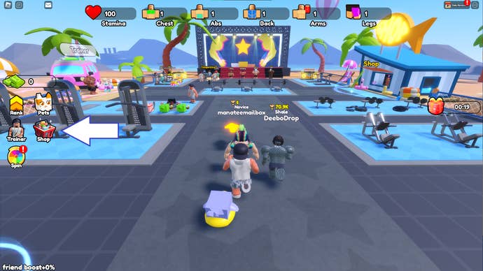 A screenshot from Gym Star Simulator in Roblox showing the game’s shop button.