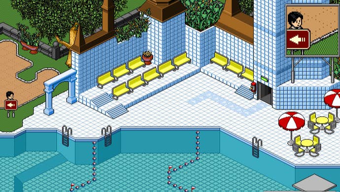The pool of Habbo Hotel lies empty, awaiting guests.