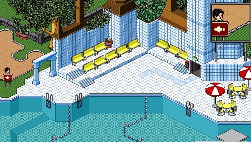 The pool of Habbo Hotel lies empty, awaiting guests.