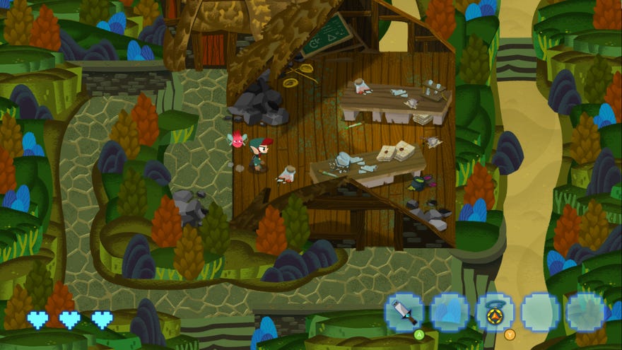 A character stands in a wrecked wooden cabin in the woods in Hack ‘n’ Slash.