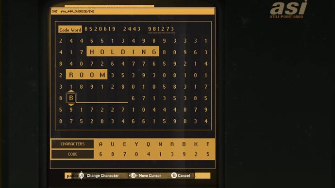 El rompecabezas de piratería en la casa segura de Black Ops 6. Se muestran una variedad de letras en una pantalla y es necesario determinar las palabras correctas. "SECO" y "HABITACIÓN" son actualmente visibles.