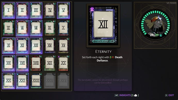 Screenshot of the Arcana Cards menu in Hades 2.