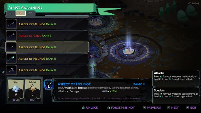Screenshot of the Aspect menu in Hades 2.