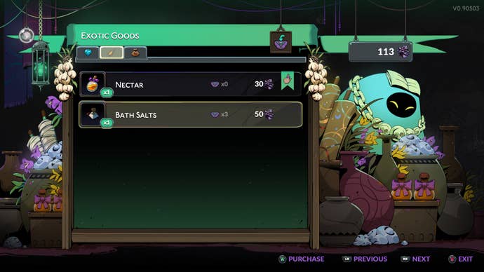 A screenshot of the Wretched Broker’s shop in Hades 2, with Bath Salts highlighted.