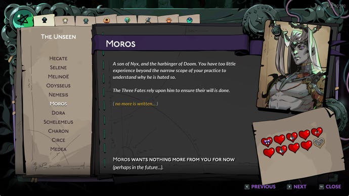 Hades 2 screenshot of the Book of Shadows Moros entry.