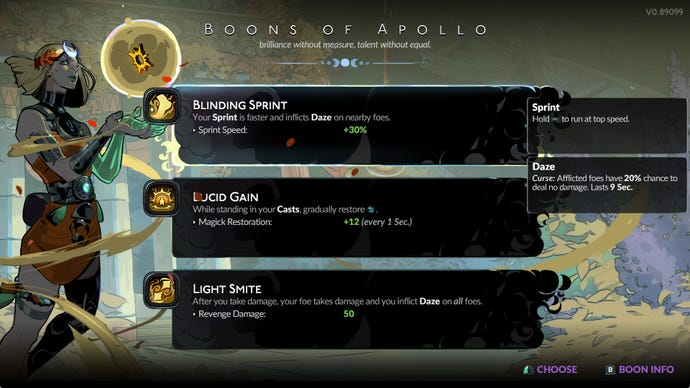 Hades 2 screenshot of the Boons of Apollo.