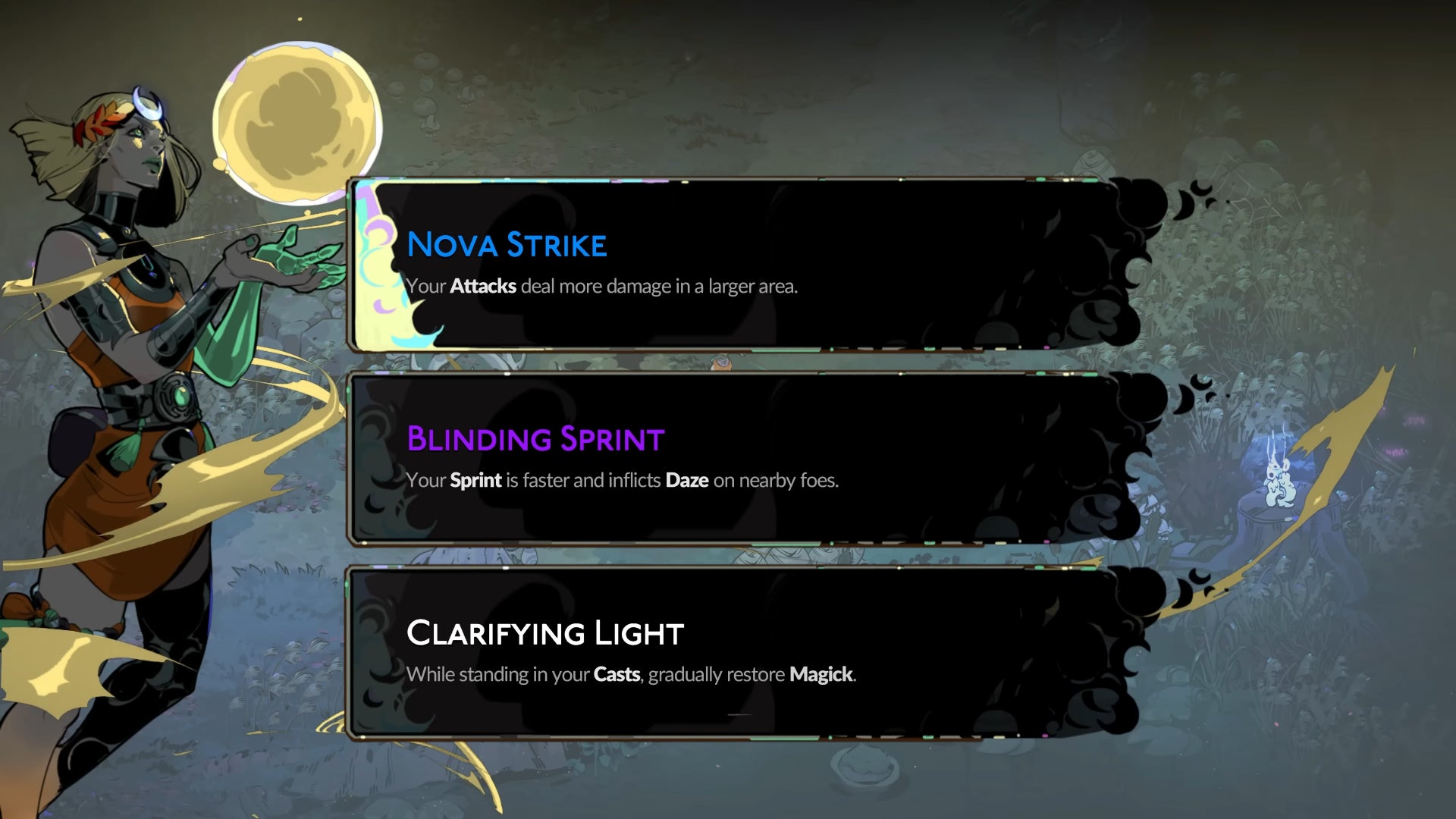 Three choices of Boons offered to Princess Melinoë in Hades 2 by Apollo, the God of Light. - 7