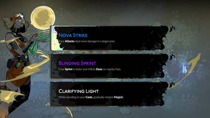 Three choices of Boons offered to Princess Melinoë in Hades 2 by Apollo, the God of Light.