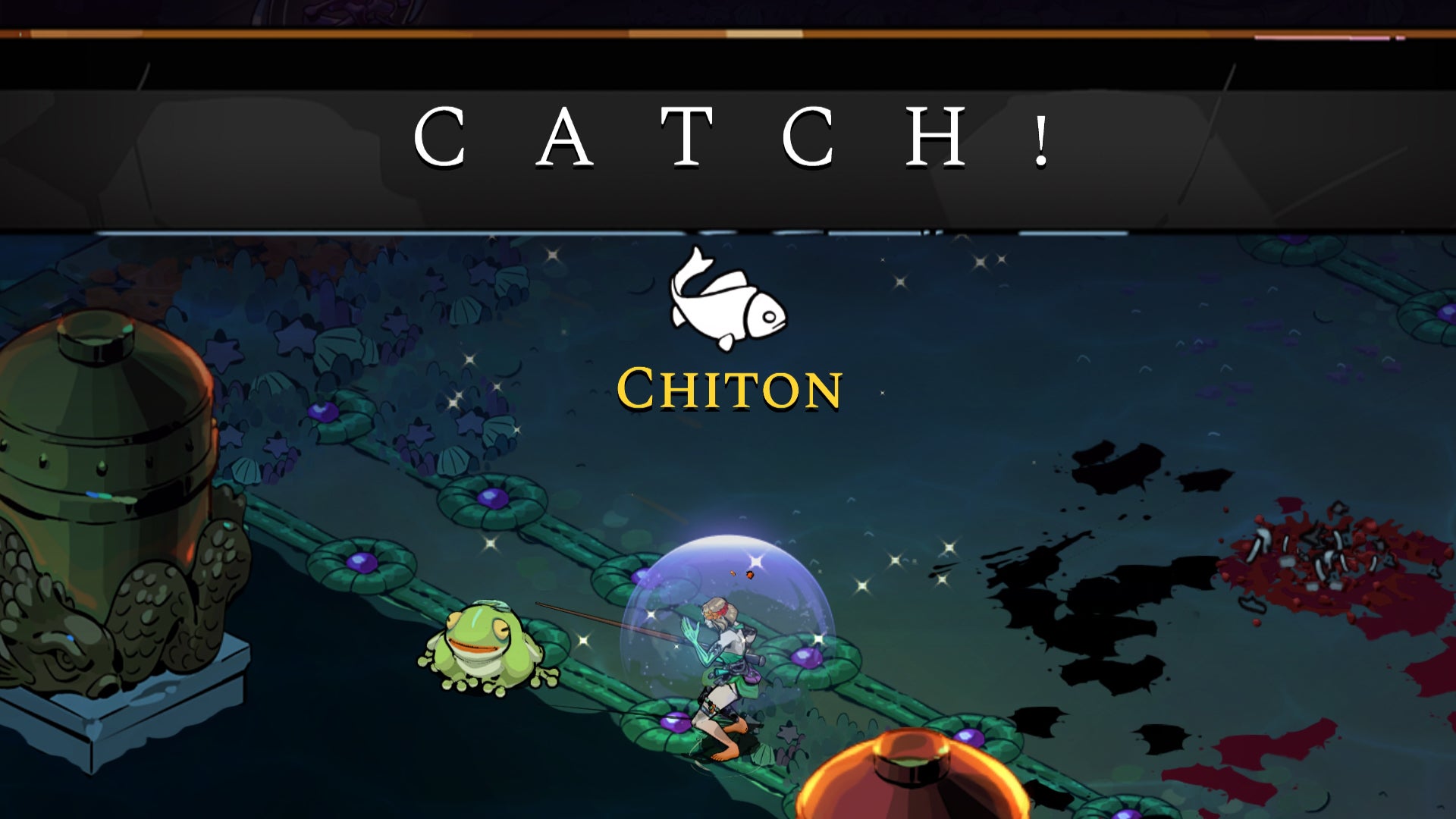 A close-up of Melinoe in Hades 2 catching a Chiton with the Fishing Rod. - 1