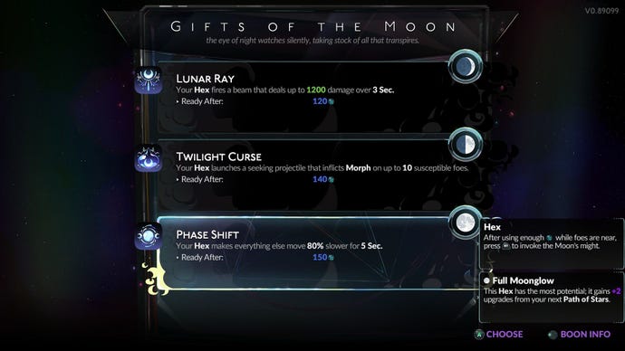 A selection of "Gifts of the Moon" the player can choose from in Hades 2.