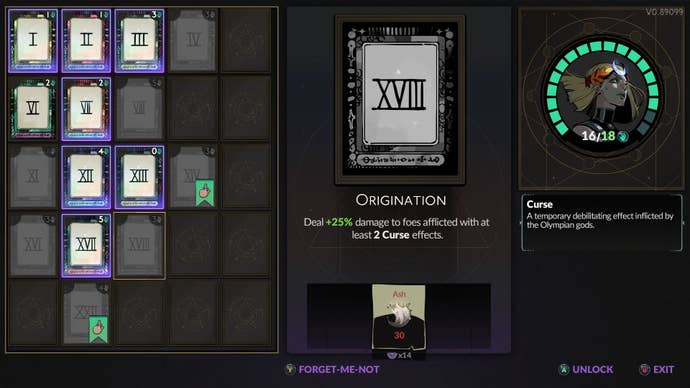 A skill tree of Hades 2 takes the form of Tarot-style Arcana cards.