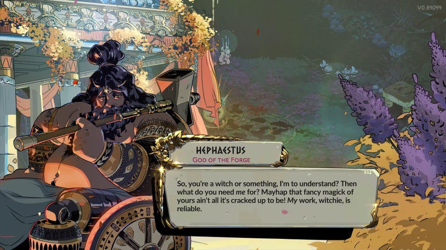 Hephaestus, the god of smithing, talks to Melinoë.