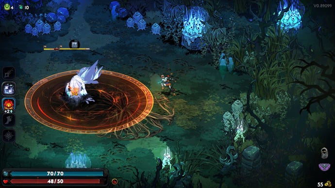 Melinoë fights a mini-boss that traps her with roots.