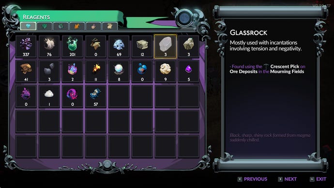 Screenshot of the Glassrock item description in Hades 2.