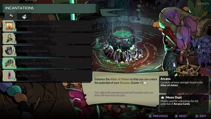 Screenshot of the Incantations list in Hades 2.