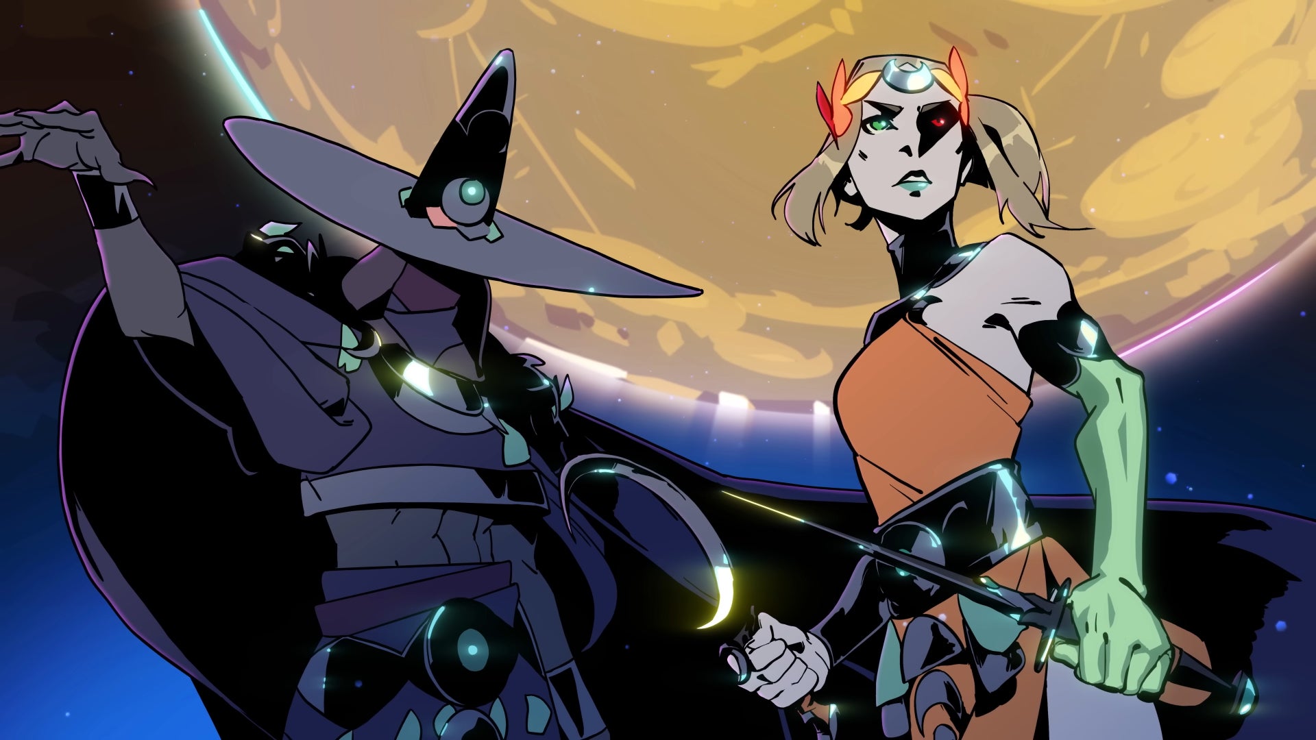 Melinoë and Hecate stand beside each other looking past the camera in Hades 2. Behind them is a dark blue sky lit by a gigantic moon. - 1