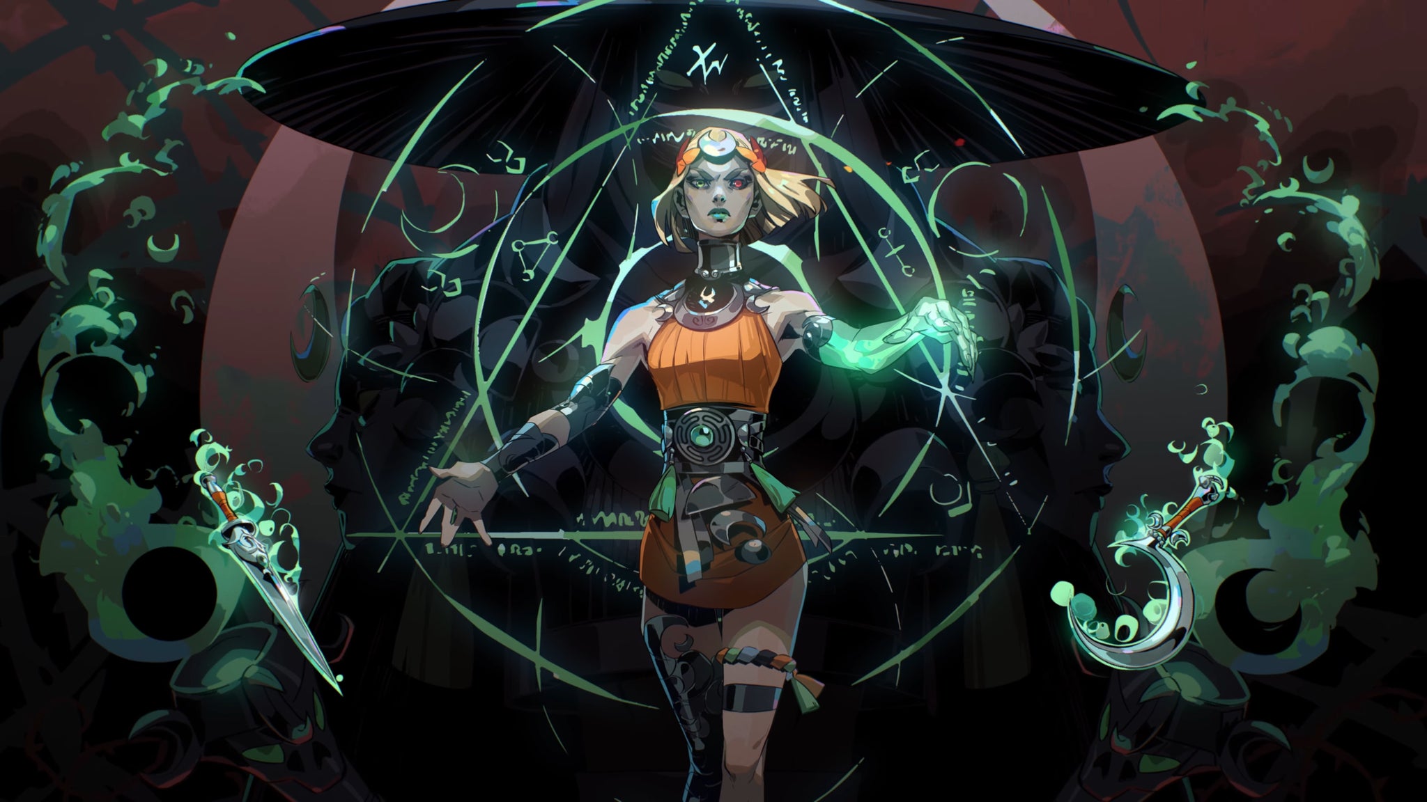 Melinoë, the protagonist of Hades 2. A woman with short blonde hair and extremely pale skin, mismatched eyes, and one arm that glows an ethereal green, she's wearing a short orange tunic dress and other bits of vaguely Greek-looking decorations and adornments. In the background float mystical symbols, and glowing weapons hover near to her hands, which are outstretched. - 3