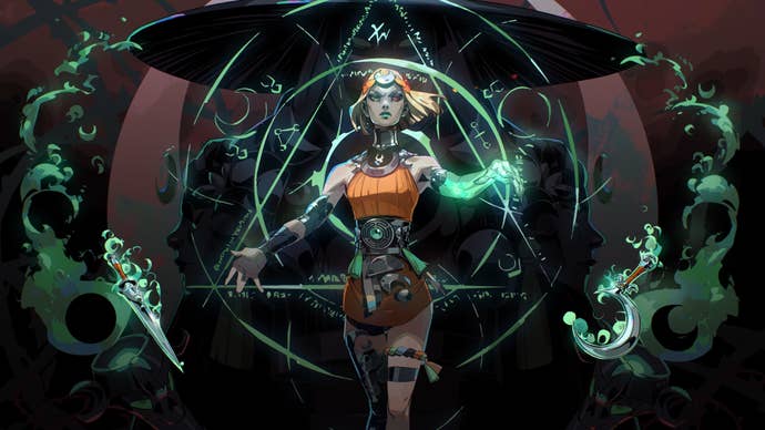 Melinoë, the protagonist of Hades 2. A woman with short blonde hair and extremely pale skin, mismatched eyes, and one arm that glows an ethereal green, she’s wearing a short orange tunic dress and other bits of vaguely Greek-looking decorations and adornments. In the background float mystical symbols, and glowing weapons hover near to her hands, which are outstretched.