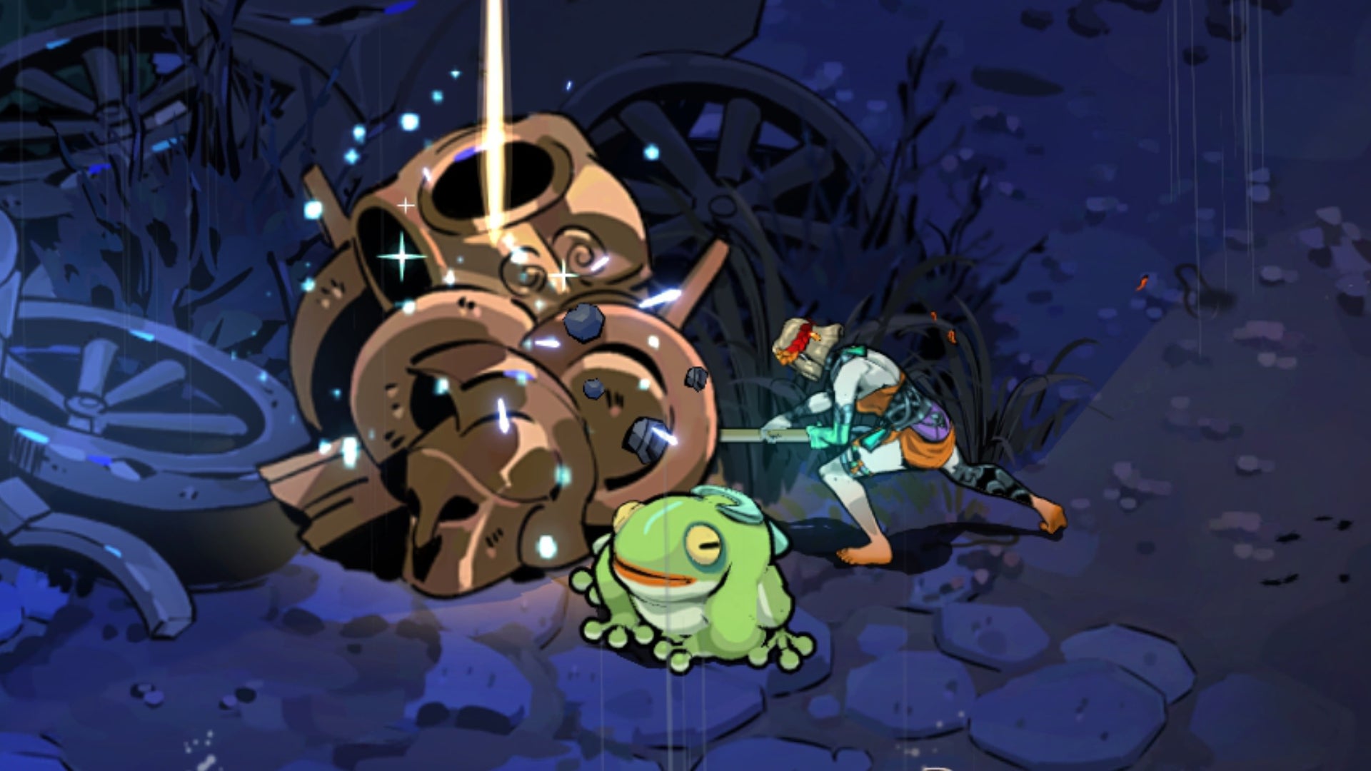 Melinoë in Hades 2 mines some Bronze from a statue on the Surface. - 1