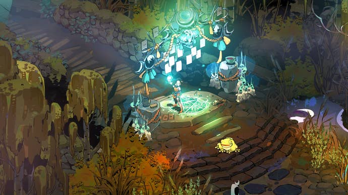 Hades 2’s Melinoe standing at her altar of meditation, preparing to use Moon Dust