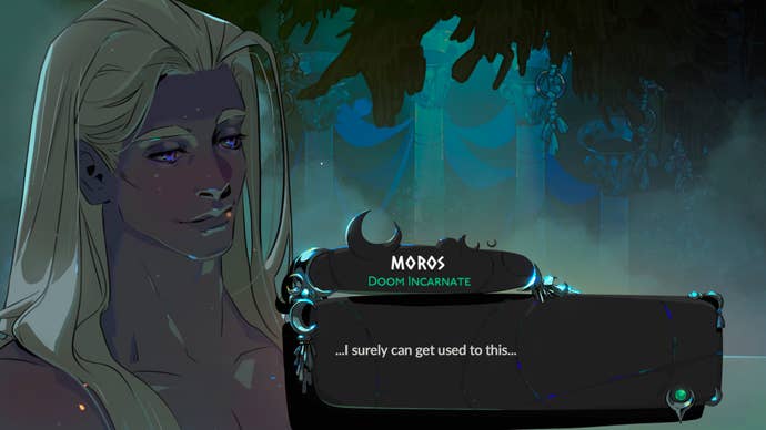 A close-up of Moros’s face during a conversation in Hades 2 at the Crossroads Hot Springs.