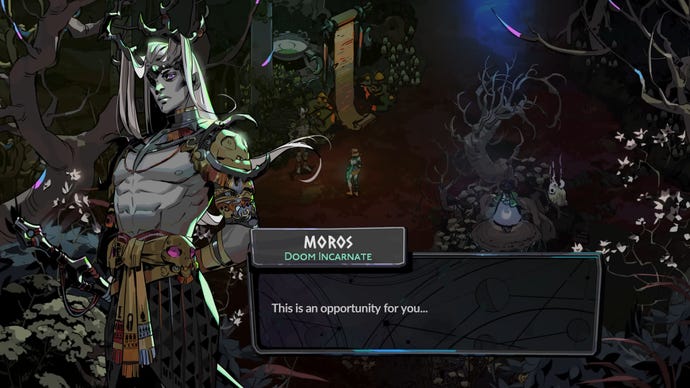 Moros, Doom Incarnate, speaks to Princess Melinoë in Hades 2.