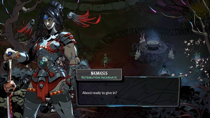 In a dialogue screen from Hades 2, Nemesis (a dark-haired, muscular woman in ornate armour) asks the protagonist if she’s ready to give in.