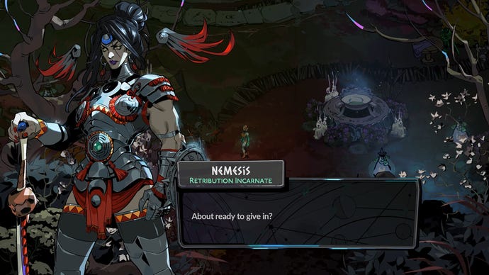 In a dialogue screen from Hades 2, Nemesis (a dark-haired, muscular woman in ornate armour) asks the protagonist if she’s ready to give in.