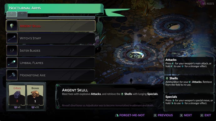 Screenshot of the Nocturnal Arms menu in Hades 2.